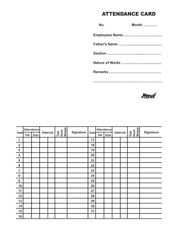 Labour Daily Attendance/Muster Card/Wages Card - Monthly Attendance - Pocket Size - 11 x 17 cm - for Factories/Offices (Pack of 100)